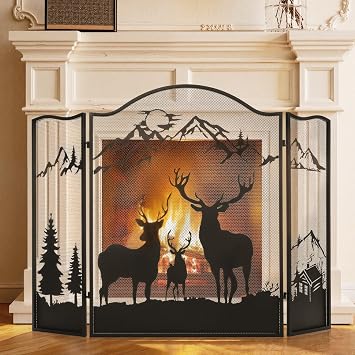 3-Panel Fireplace Screen, Deer Pattern Fire Guard, Rustic, 50" x 36" | Foldable freestanding, tight mesh spark guard, powder-coated wrought iron, welded hinges for stability, easy to move & store