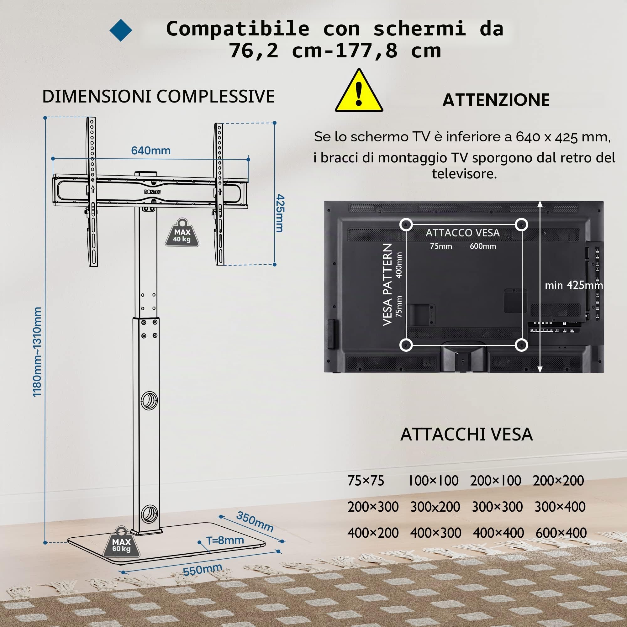 BONTEC Supporto da pavimento per TV 30-70 pollici LED LCD OLED plasma piatto curvo, altezza regolabile, VESA 600x400mm, 40kg