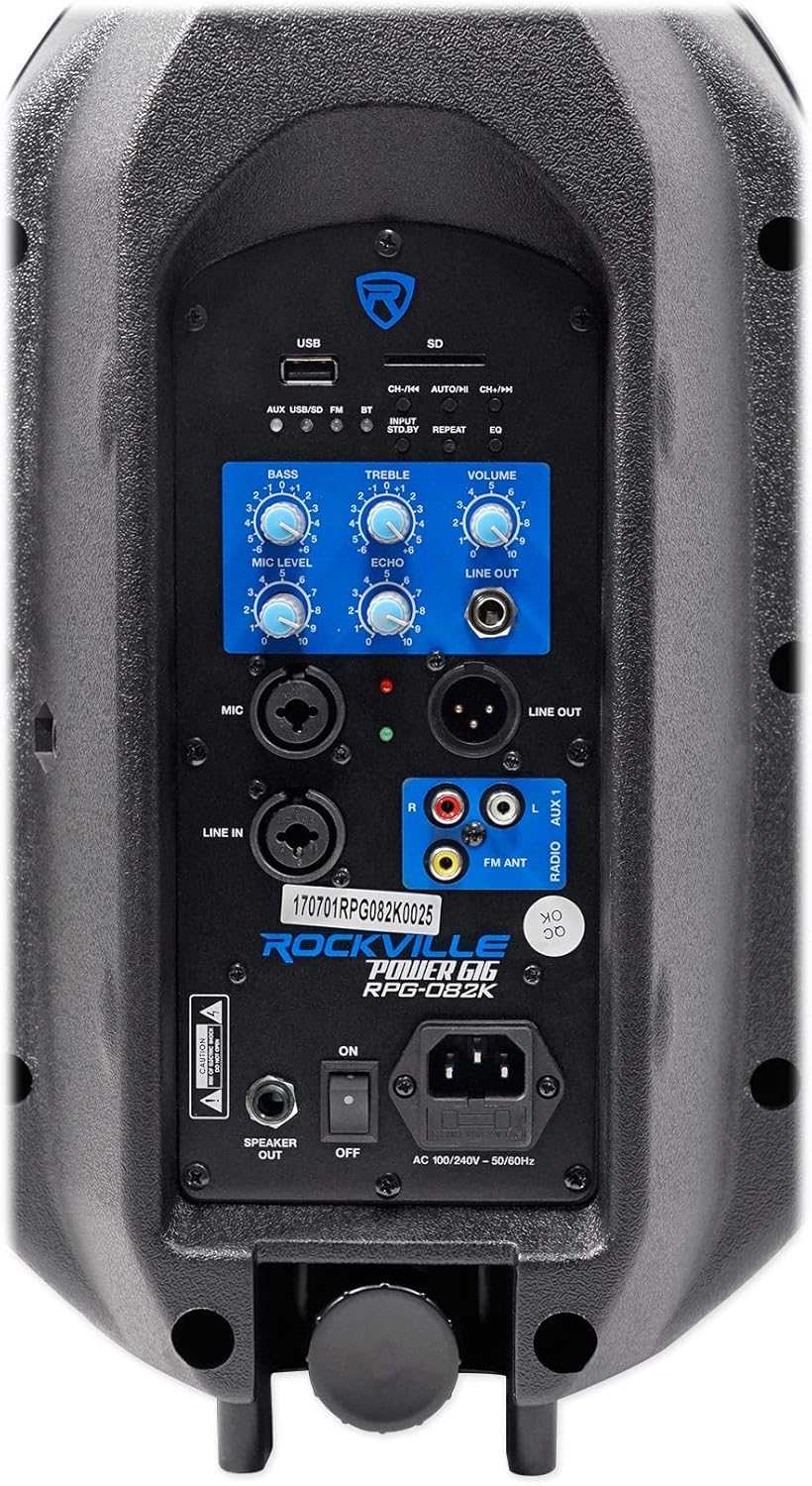 Close-up of the Rockville RPG082K control panel showing knobs and input jacks.