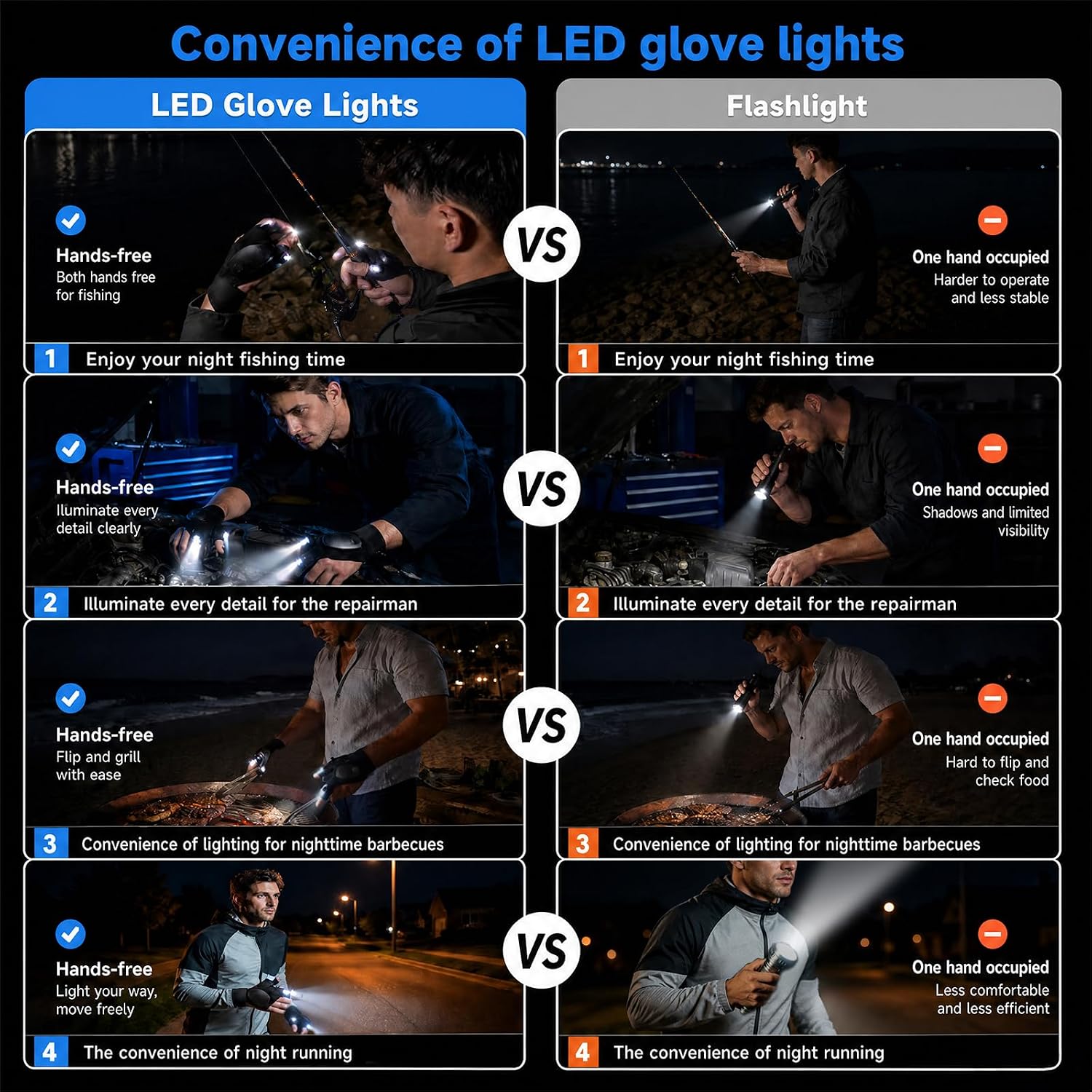 LED Flashlight Gloves for Men, Rechargeable Finger Lights, Type-C Charging | Hands-free work light with fast charging for repairs, automotive maintenance, fishing, camping, DIY and outdoor tasks