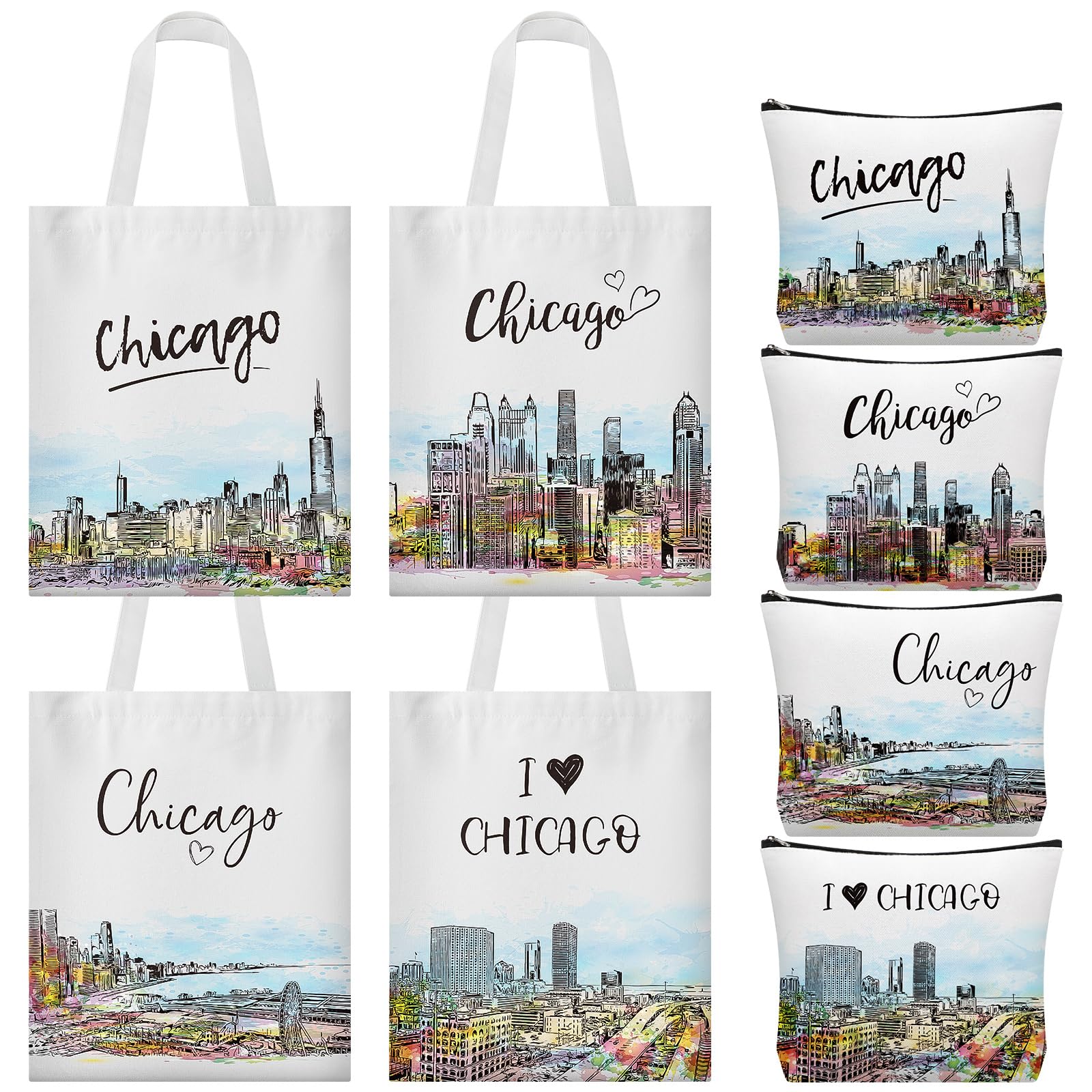 Bulyoou 8 Pcs Chicago Souvenir Gifts Canvas Tote and Cosmetic Bags Set for Women Girls Reusable Watercolor Grocery Shopping Bags Makeup Pouches City