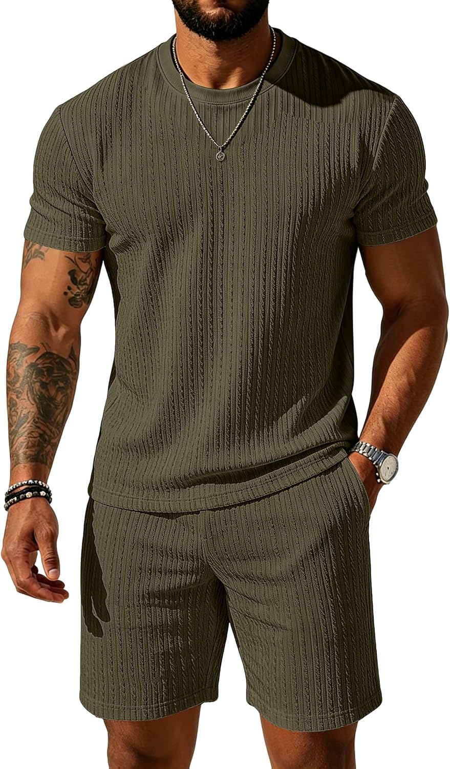 UOUA Mens Shorts Set Crewneck Short Sleeve T-Shirt & Shorts Twisted Texture 2 Piece Summer Outfits Casual Matching Sets