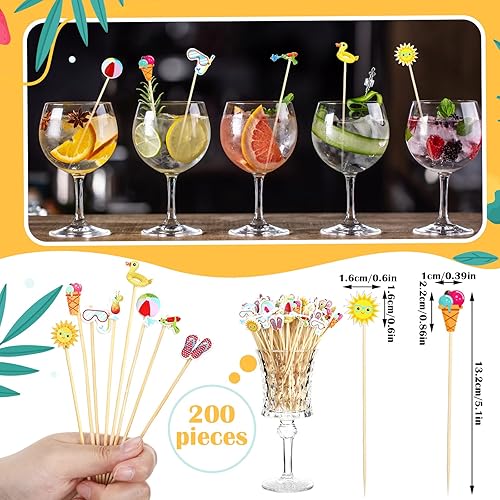 Miniatura 3 de Rtteri 200 piezas de palillos de cóctel hawaianos para piscina, playa, cócteles hawaianos, palillos de bambú, centros de mesa, playa, fiesta de