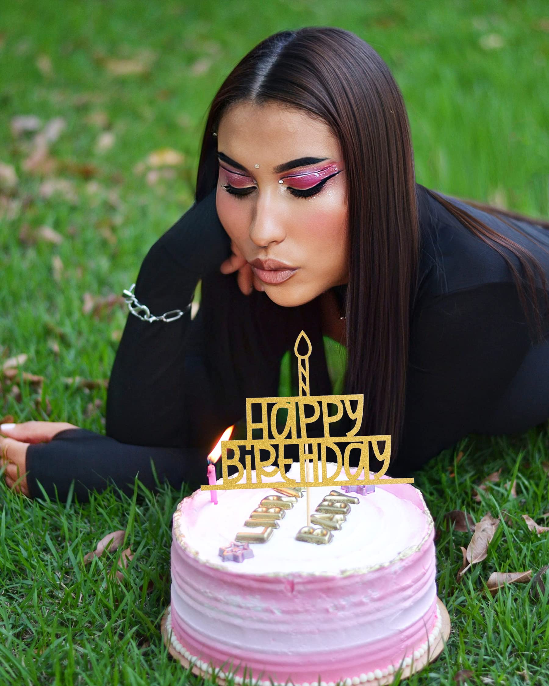 4er Set Gold-Glitzer "Happy Birthday" Kuchendekorationen – Einseitig Glitzernd, Mit Stäbchen
