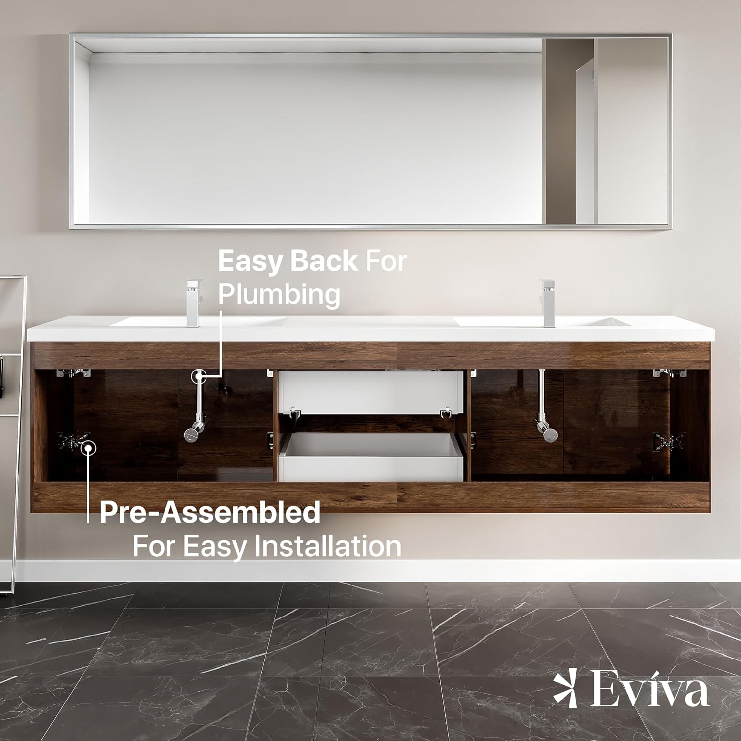 Eviva Lumina 84 in. Rosewood Wall Mount Double Sink Bath Vanity with Acrylic Top and Integrated Sinks