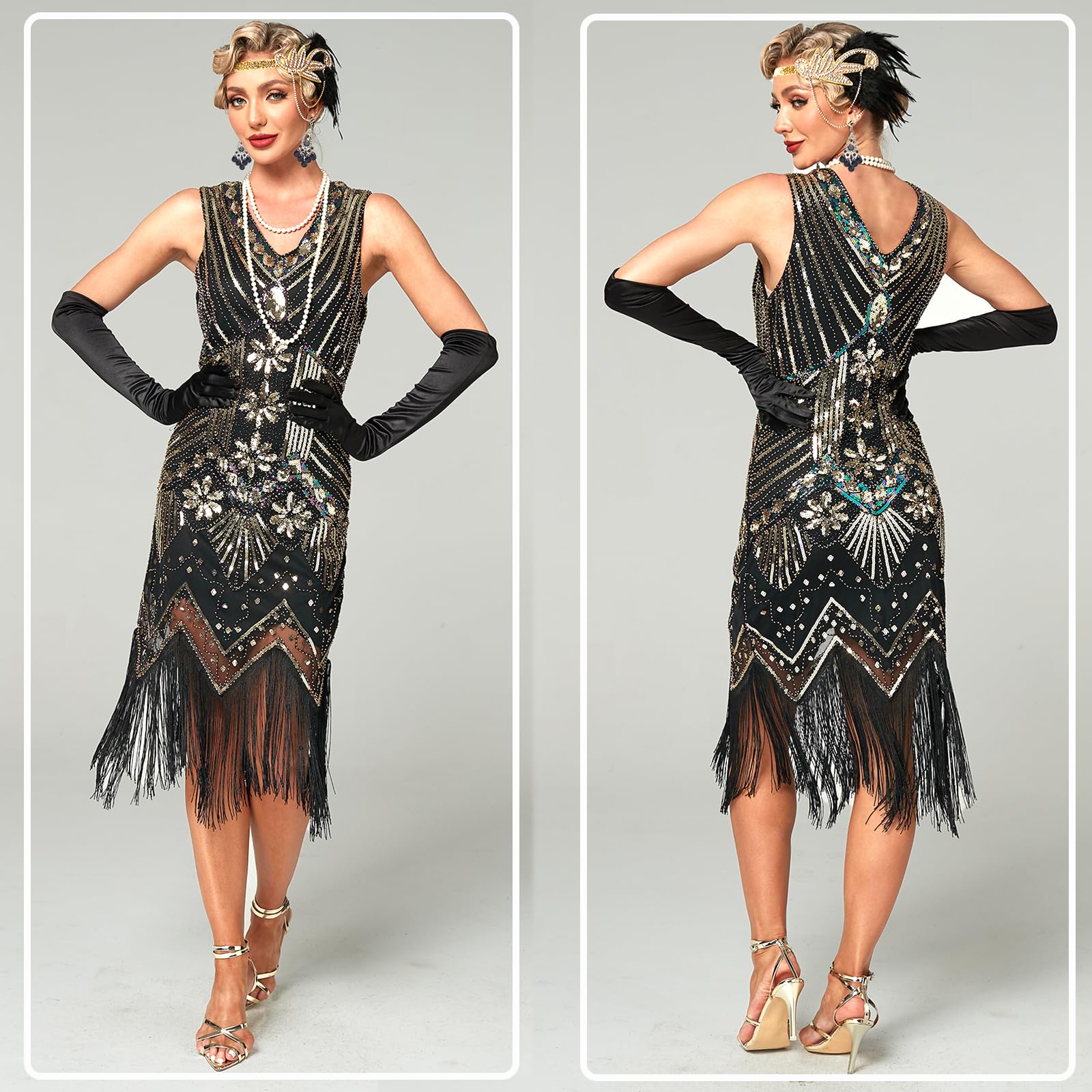 12 Piezas Vestido Años 20 Charleston V - Neck Lentejuelas con Borlas de Perlas Vestido, Charleston Dress Year con Accesorios de Ropa de Carnaval de Los Años 20 (Negro + Oro)