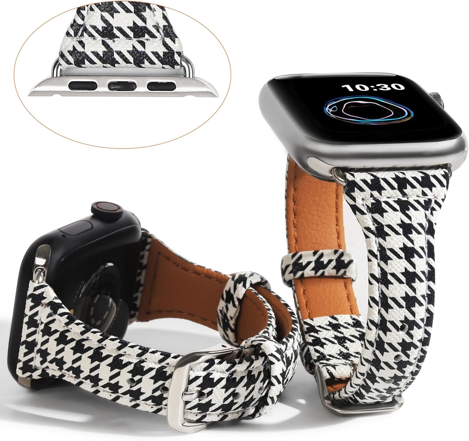 Designer Houndstooth Slim Bands Women Compatible with Apple Watch 41mm 40mm 38mm, Luxury Leather WristBand Black White Plaid for iWatch Series 11(42mm)/10(42mm)/9/8/7/6/5/4/3/2/1/SE for Women