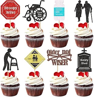 32Pcs Geriatric Old People Cupcake Toppers Older Not Wiser Over the Hill Old Freeway Cupcake Picks For Retirement Farewell Going Away Health Rehabilitation Elder Birthday Party Cake Decorations