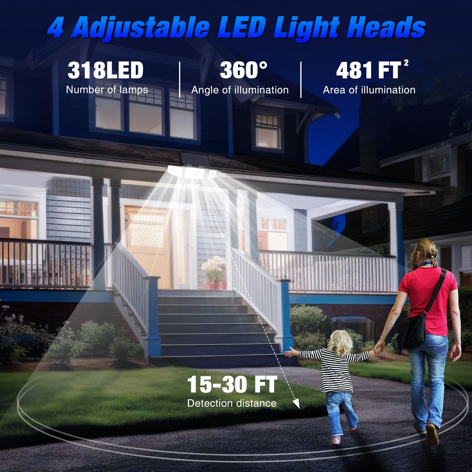 Peasur 2 Pezzi Faretto Led da Esterno Solare, 318 LED Luce Solare con Sensore di Movimento, 4 Testa 3 Modes Impermeabile Faretti Solari, Luci Solari per Giardino Garage Parete