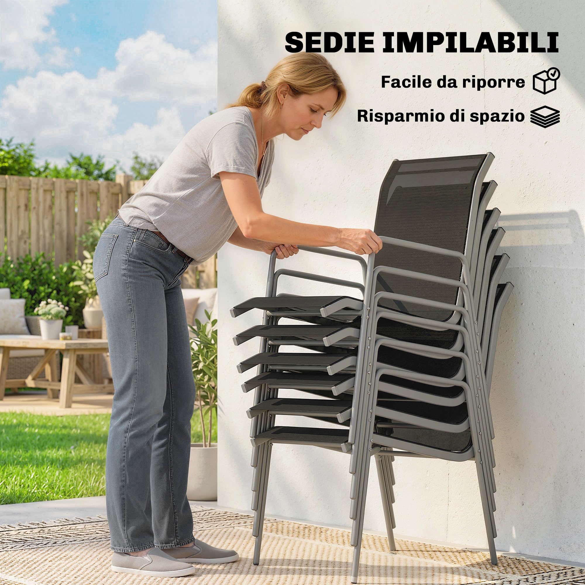 Outsunny Set Tavolo e Sedie da Giardino 7 Pezzi, Pranzo Esterno con 6 Sedie Impilabili in Texteline, Tavolo in Vetro Temperato, Metallo, Argento e Nero