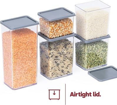 FiNeWaY 5pc Stackable Food Storage Containers Box With Airtight Lids BPA Free Cereal Dry Fruit Confectionery Lunch Snack Meal Boxes Kitchen Reusable Organiser Portion Control