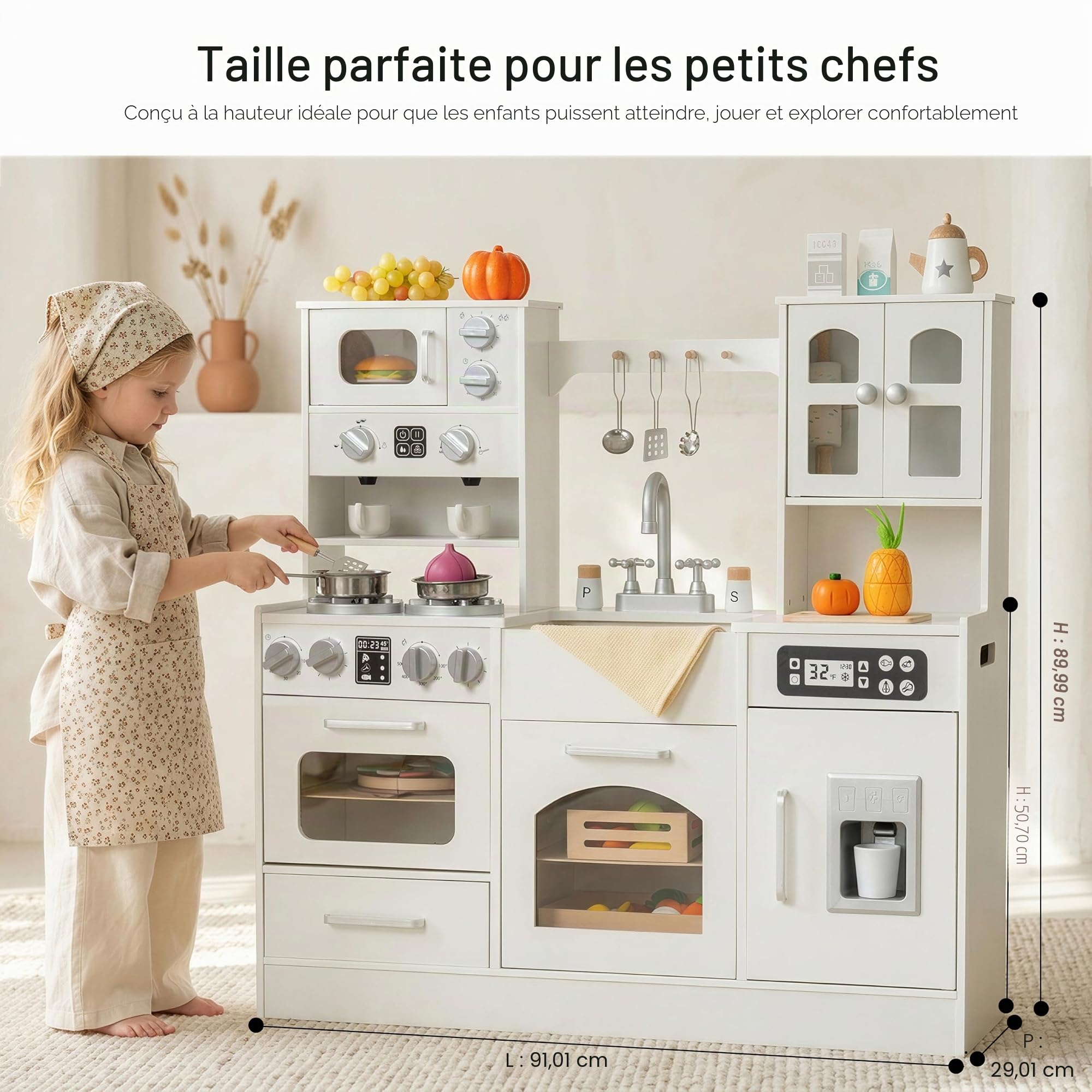 Cuisine de jeu en bois pour tout-petits et enfants avec lumières et sons, grand ensemble de jeu interactif avec machine à glaçons, cuisinière, évier, four, 12 accessoires, 3 à 8 ans