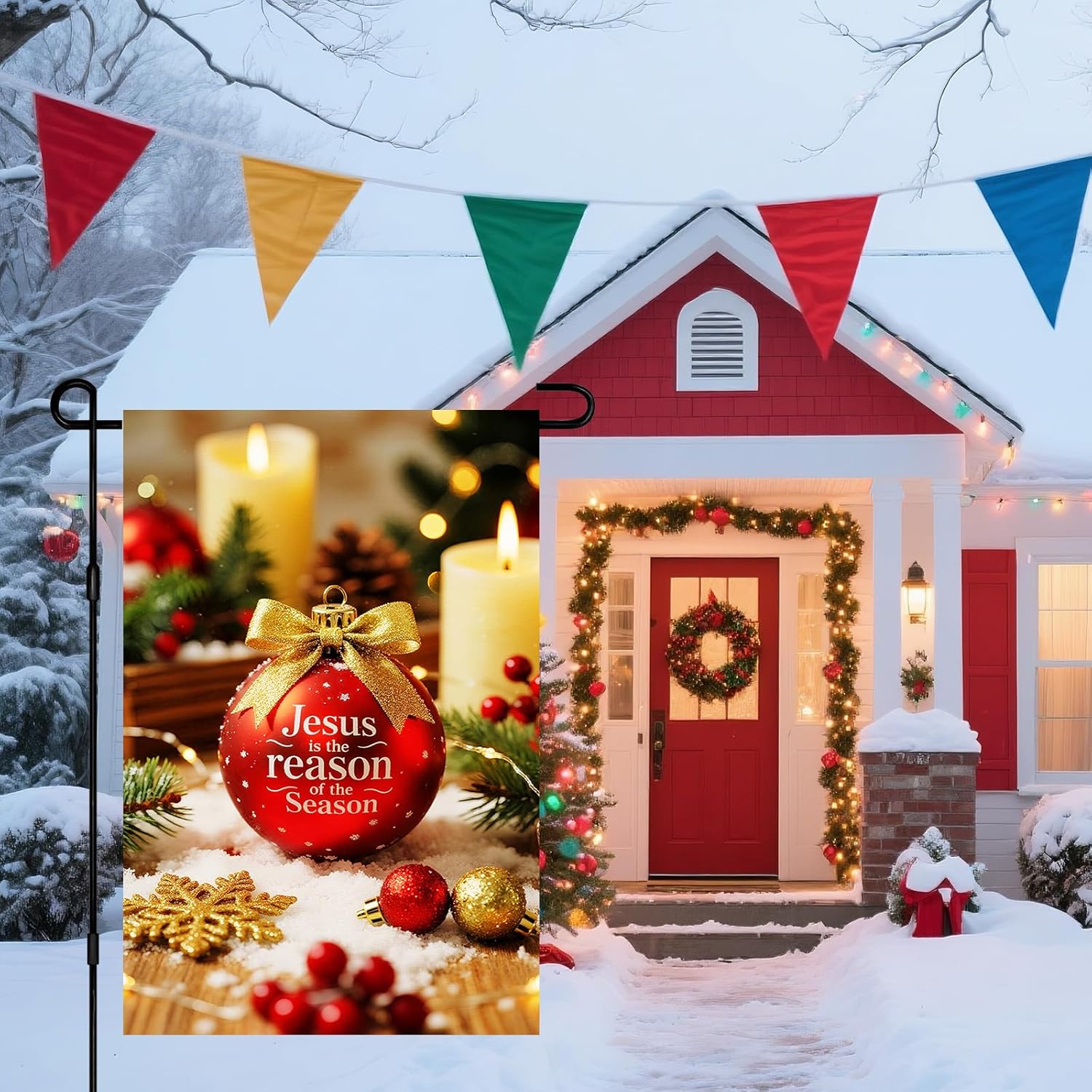 IVN Christmas Garden Flag 12x18 Inch Double Sided Jesus Is the Reason for the Season with Candles Red Ornaments and Holly Outdoor Yard Flag for Outside Home Front Door Lawn Porch Patio Welcome Decor - Image 7