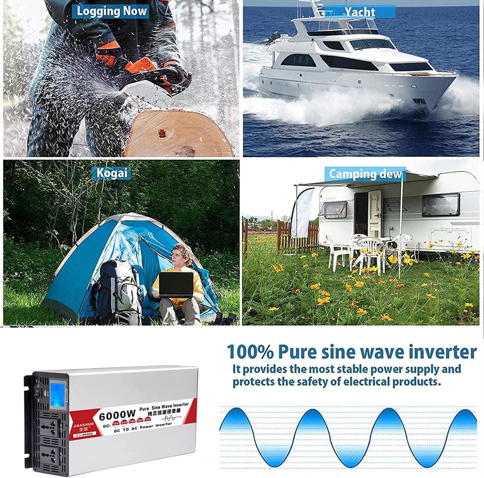 Inverter Onda Sinusoidale Pura DC 12v 24v 48v 60v To AC 220v, Spina Normativa Europea Standard, Inverter Potenza Con Terminale Cablato, Convertitore Potenza Per Autocarro Camper,6000W-12Vto220V