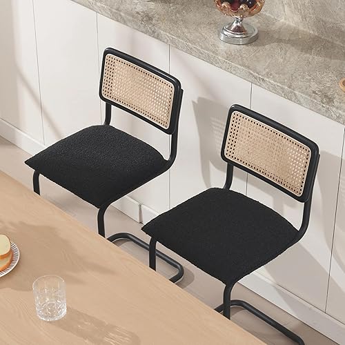 Miniatura 9 de Zesthouse Juego de 2 taburetes de bar de ratán natural, taburetes bohemios modernos de 26 pulgadas, sillas de altura de encimera de terciopelo con