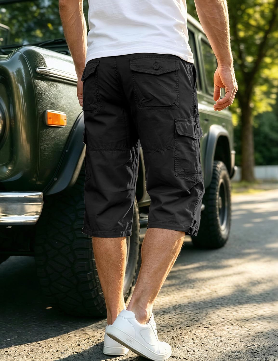 EKLENTSON Men's Cargo Shorts Casual Twill Elastic 3/4 Capri Pants Below Knee Long Shorts with 7 Pockets