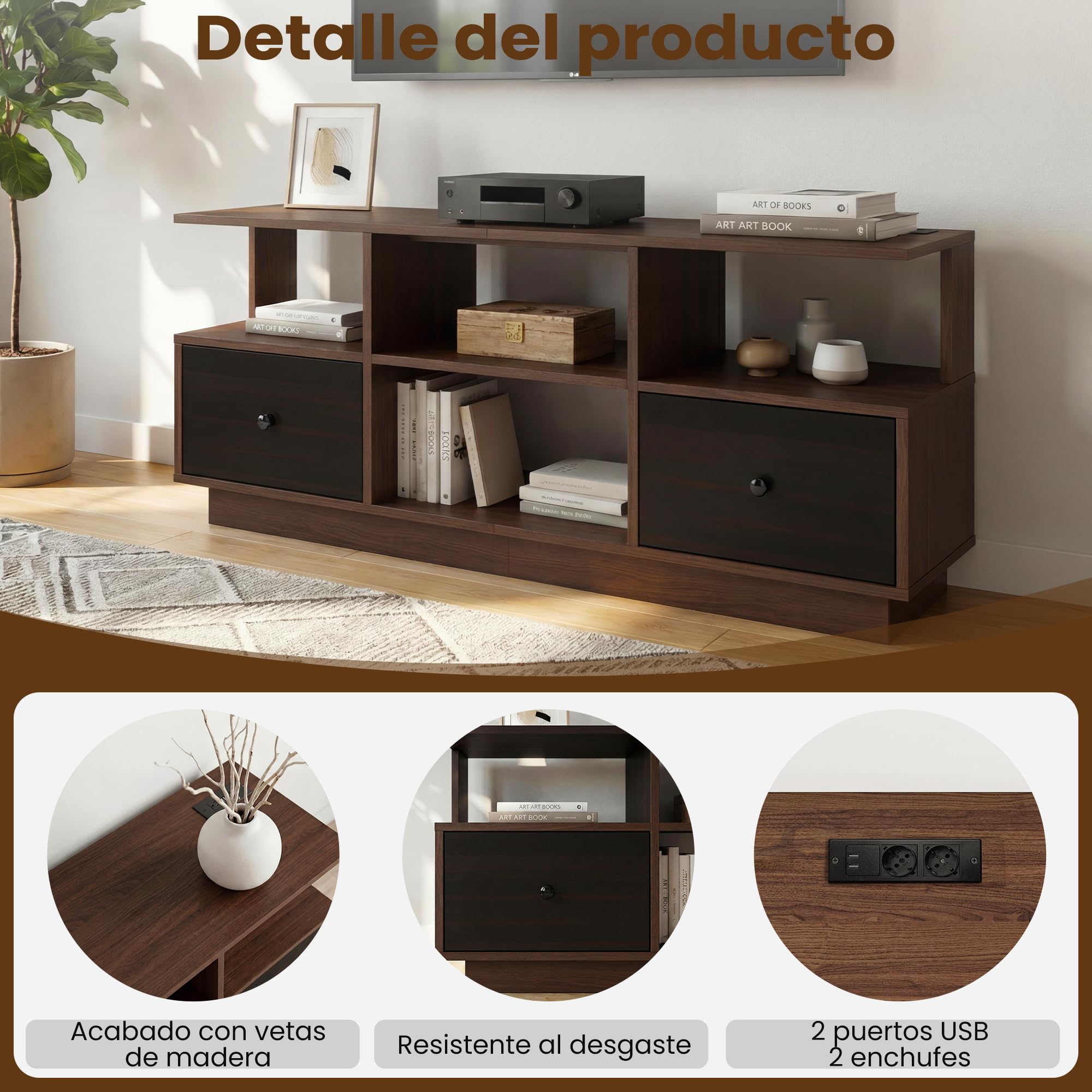 Manora Mueble de TV con Enchufe, Mesa de TV para hasta 55 Pulgadas, Mueble TV Salon con 2 Cajón y 4 Compartimentos Abiertos, Mueble Television para Salon, Dormitorio, 120 x 30 x 54 cm, Marrón y Negro
