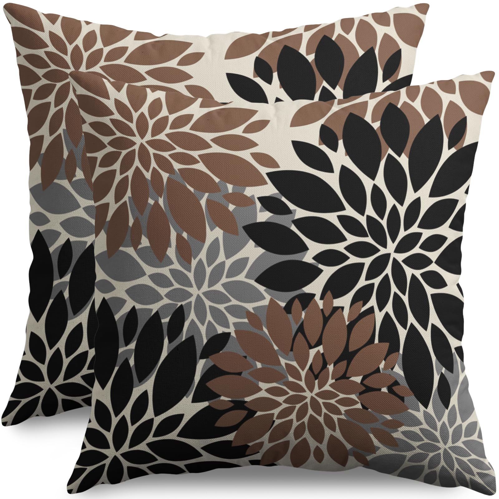 Smozenith Black Brown Pillow Covers 20X20 Inch Set of 2, Spring Summer Floral Dahlia Flower Cream Decorative Throw Pillow Covers Outdoor Modern