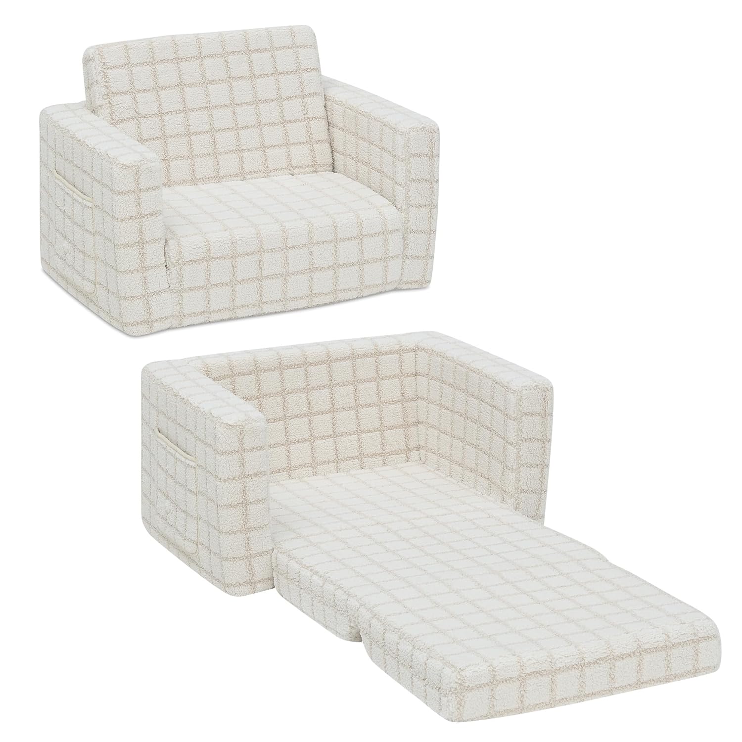 Delta Children Checkered Cozee Flip-Out Kids Chair, Snuggly Sherpa-Like Foam Convertible Armchair for Boys and Girls, Machine Washable Cover, Soft Comfy Toddler Seating for Playroom/Bedroom, Cream