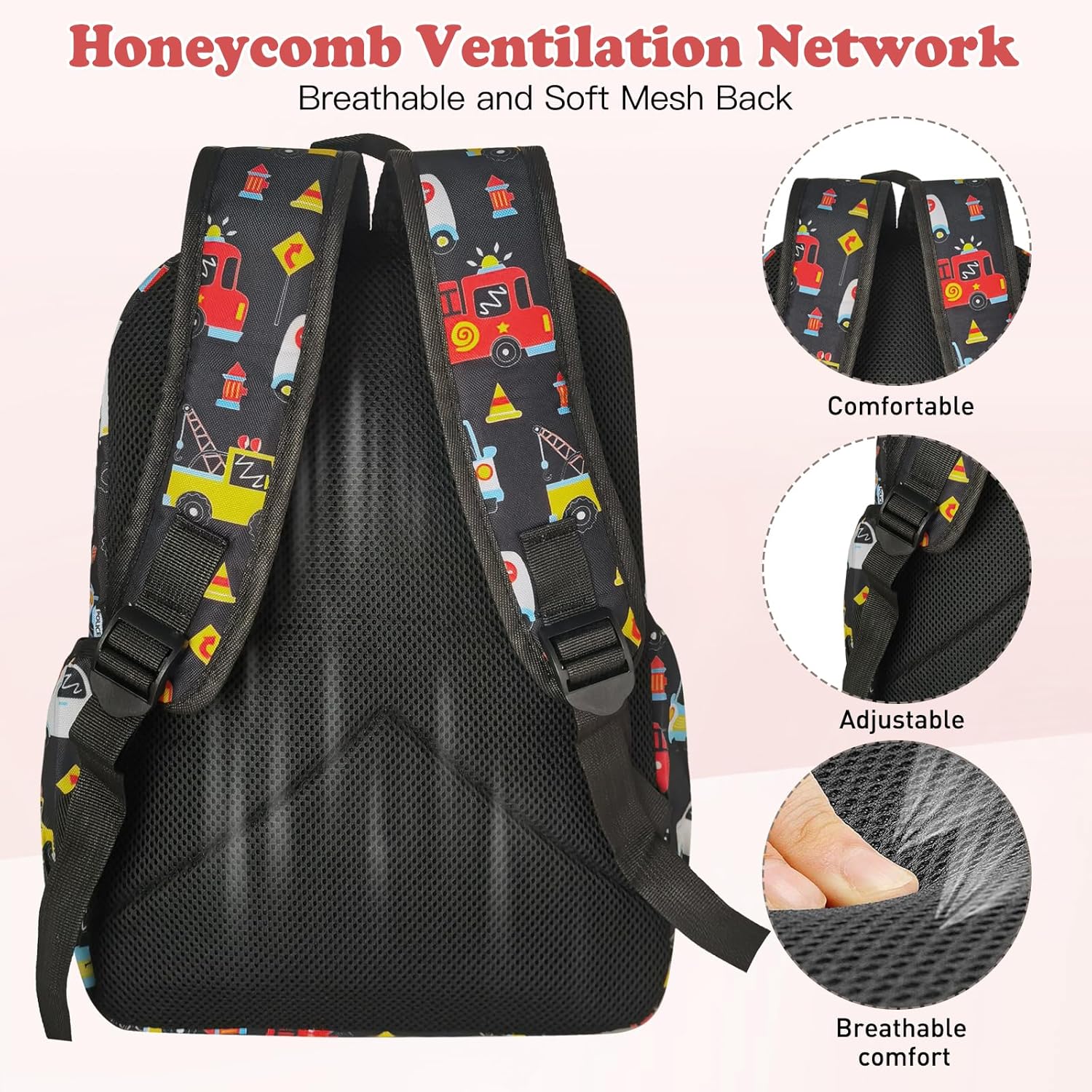 Little Kids Backpack for Girls Boys - 15 Inch Preschool Kindergarten Backpack Cute Car Patterns School Bag for Aged 3-8, Black - Image 4