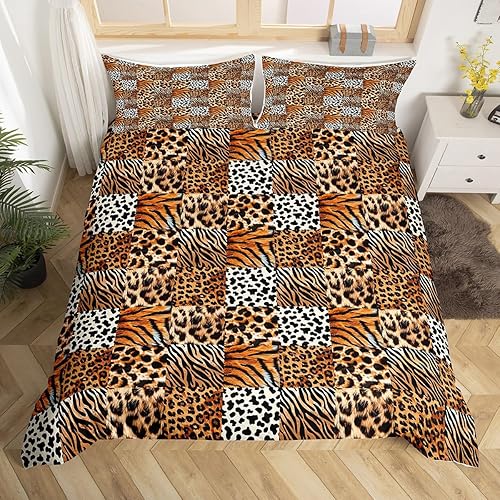 jejeloiu Juego de funda de edredón con estampado de leopardo, juego de ropa de cama de guepardo para niños y niñas, safari, cuadros, marrón, juego
