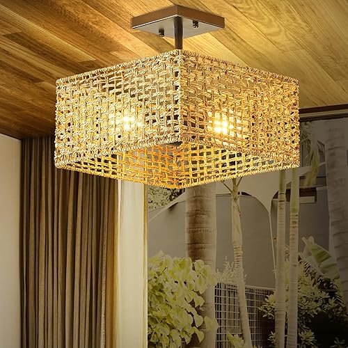 Lámpara de techo de ratán de montaje empotrado, 13.1 pulgadas, de mimbre tejido de casa de campo, lámpara de techo de ratán de 2 luces, lámpara