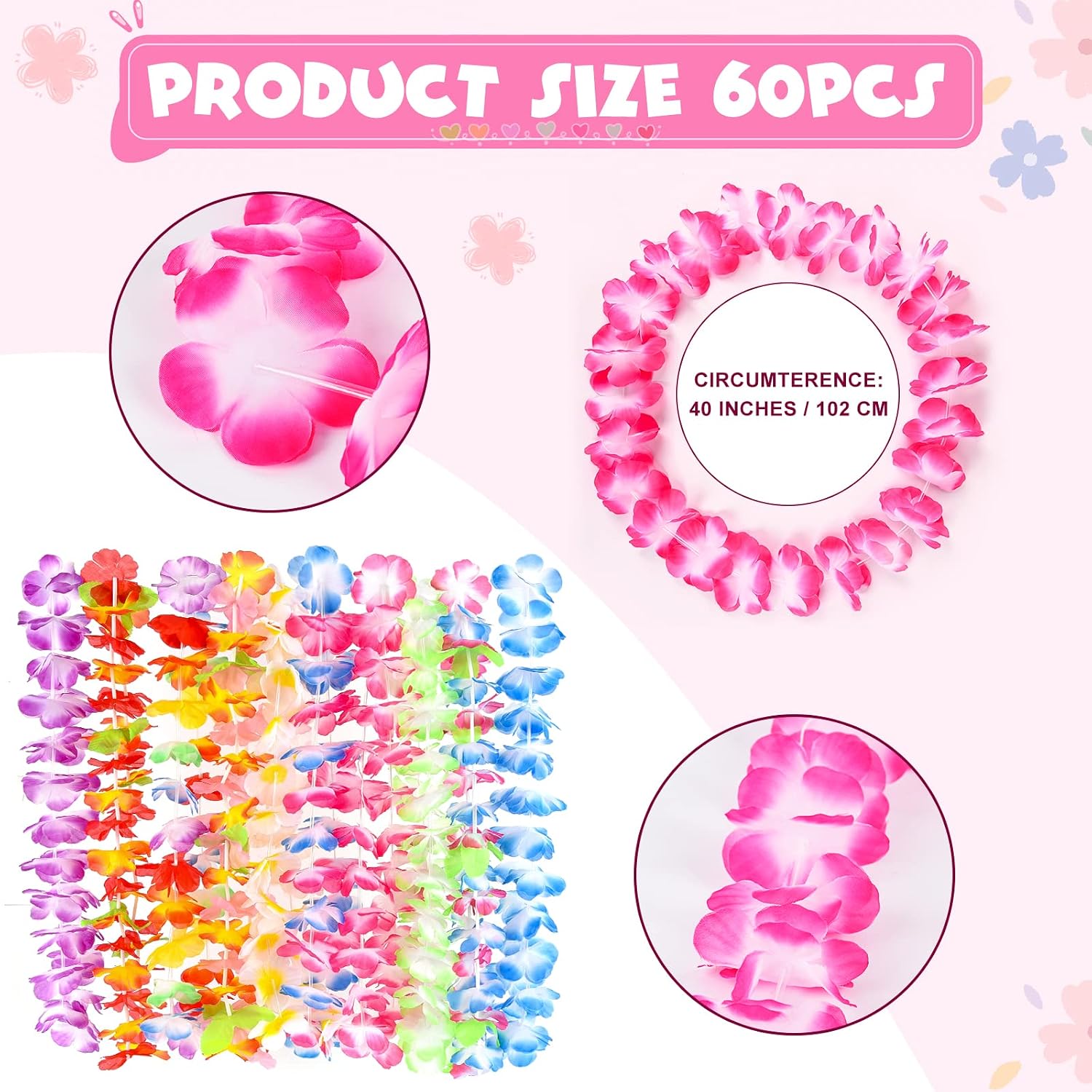 60PCS Leis for Luau Party, Hawaiian Leis Bulk Decorations Silk Flower Necklace, Colorful Tropical Hawaiian Bulk Hula Dance Party Decor, Flower Leis Summer Beach Leis Decorations Favors Supplies image 2
