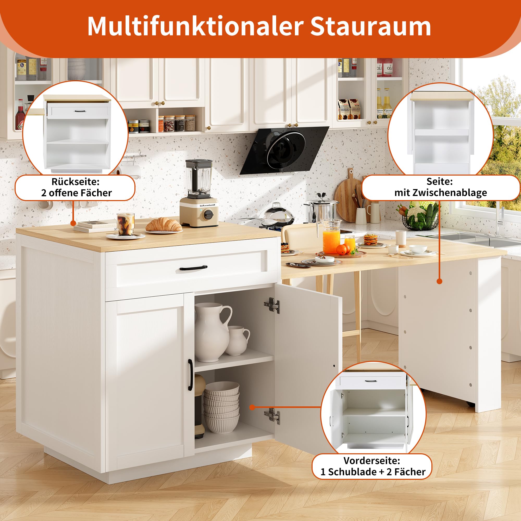Sapgaks Table de Bar Extensible avec Espace de Rangement (133-202 × 70 × 93,5 cm),Table à Manger Extensible,îlot de Cuisine pour 2 à 6 Personnes, Chariot de Cuisine avec étagères latérales, Blanc