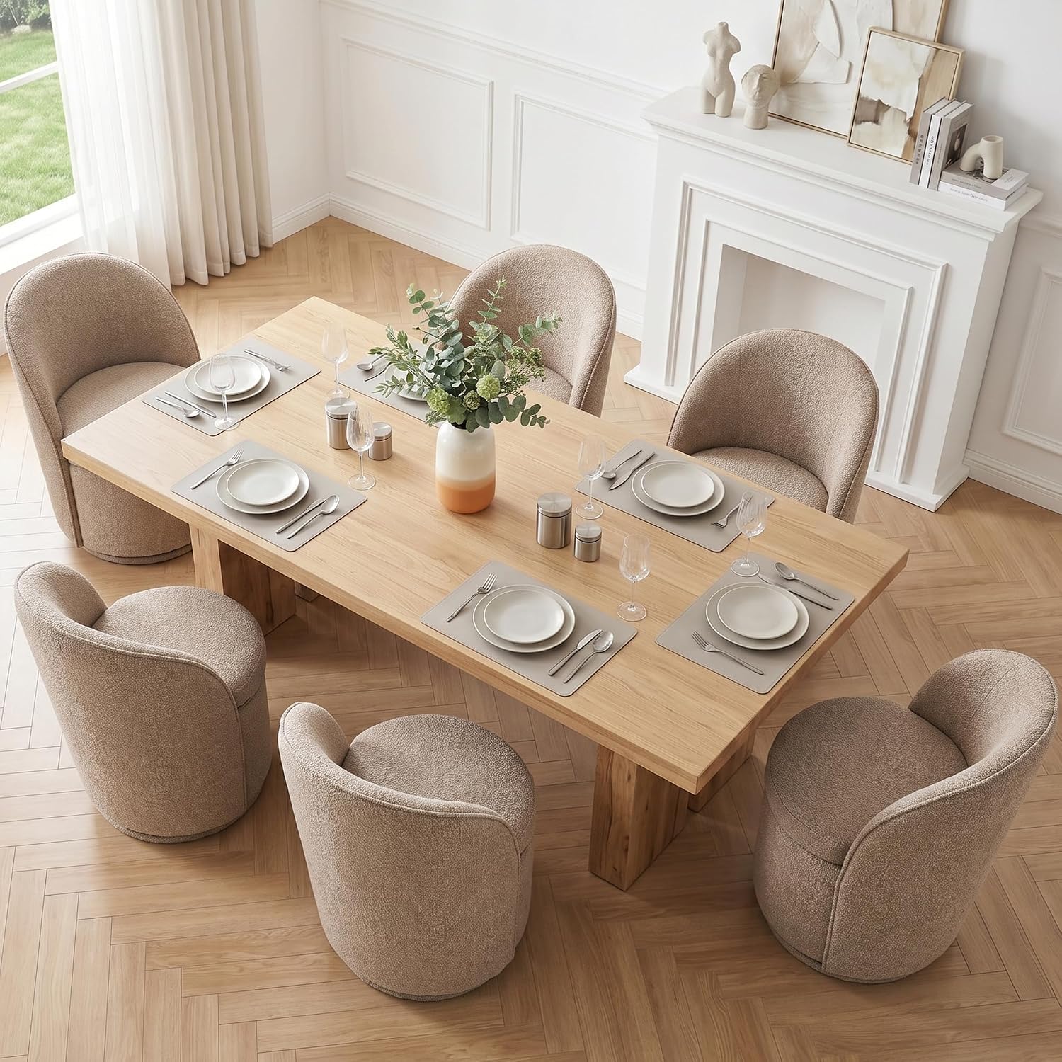 Rowill 360 Swivel Barrel Dining Chairs Set of 6 with Back, Modern Round Upholstered Chairs Boucle Fabric for Living Room, Dining Room, Makeup & Vanity Chair, Easy Assembly, Coffee