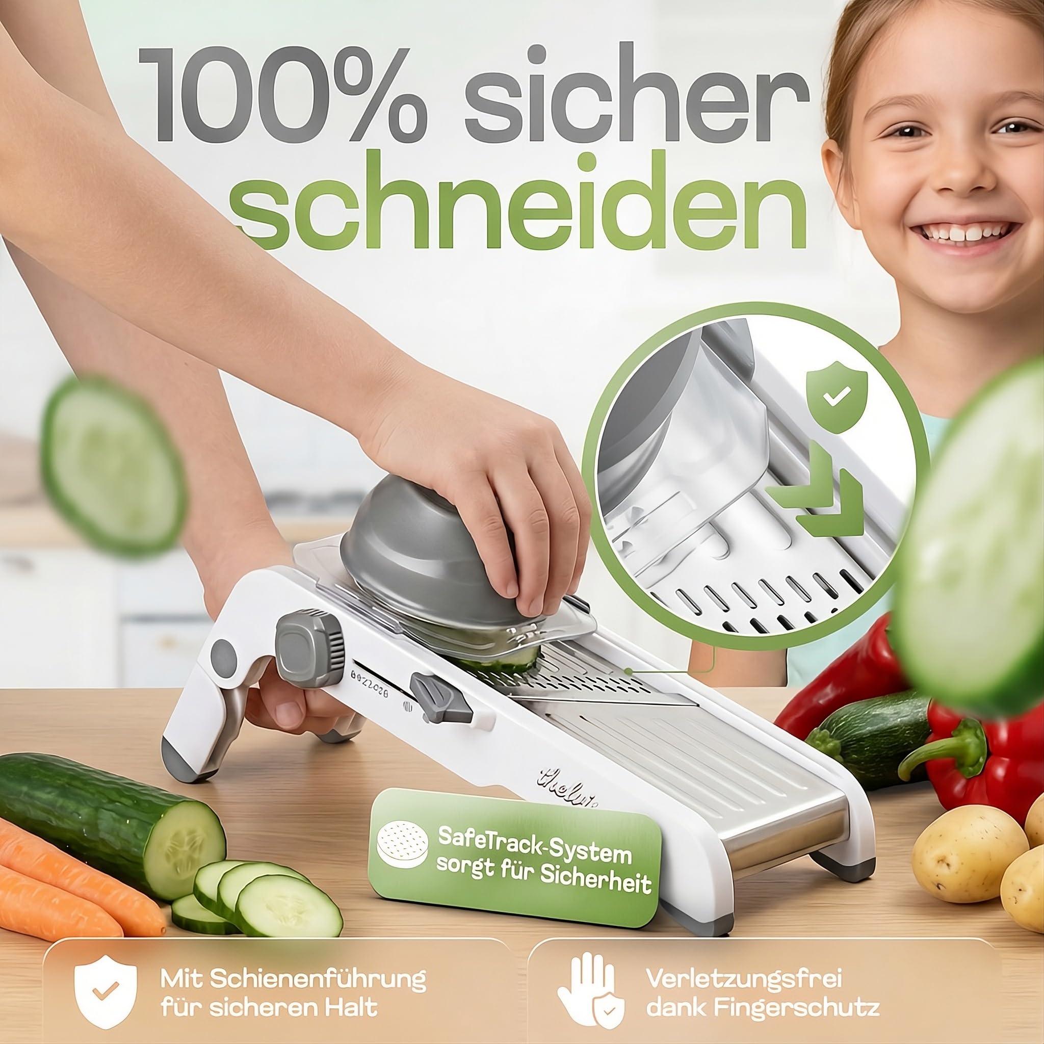 Premium Mandoline Gemüsehobel Edelstahl | kein Klingenwechsel | sicher und modern | Gemüseschneider manuell | Julienneschneider | Gurkenhobel dünne Scheiben | vegetable slicer | Küchenhobel