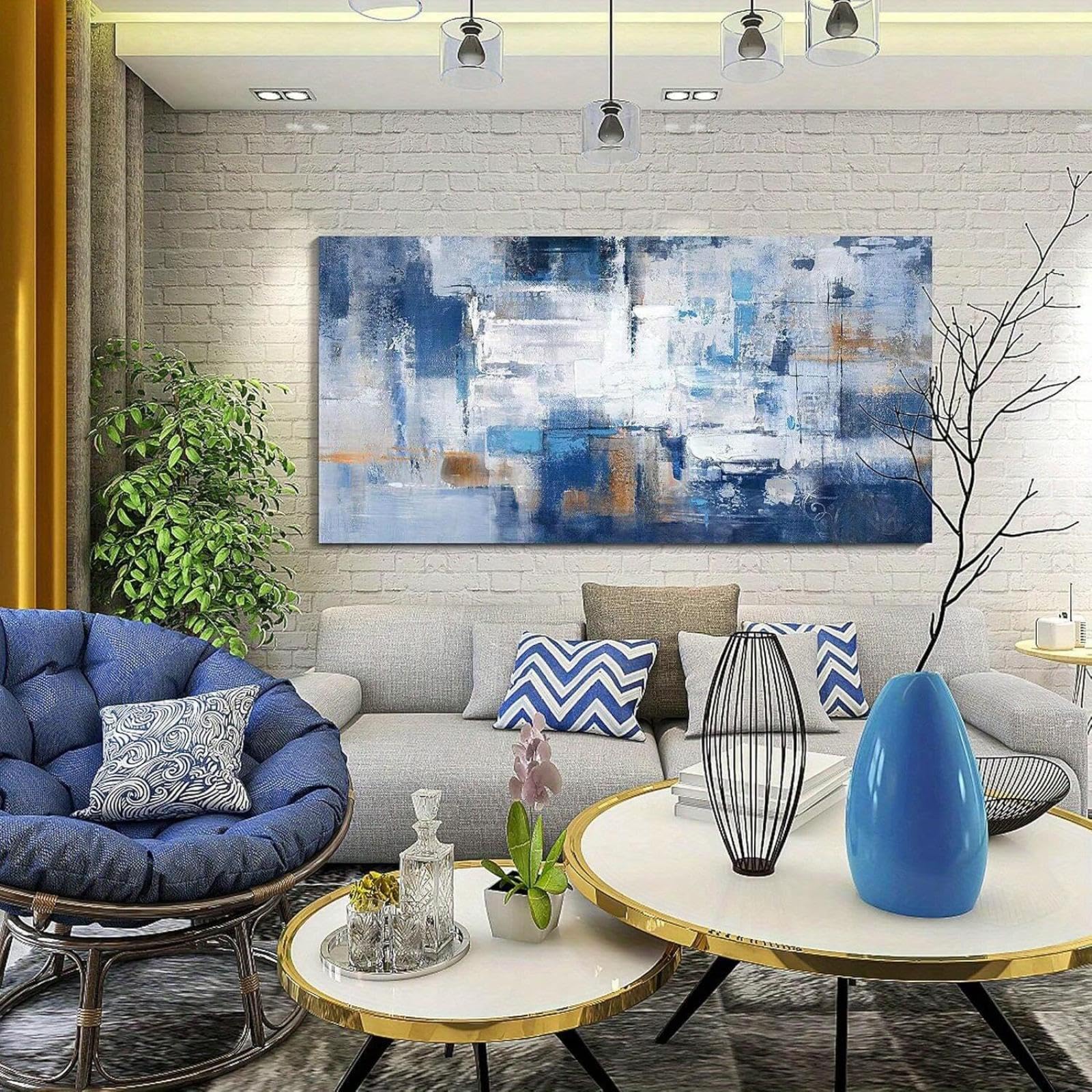 IXEHOH Quadro su tela blu - Quadro moderno astratto blu e bianco su tela per soggiorno,camera da letto,ufficio,casa,decorazione da parete 90x180 cm (35,4x71 pollici) senza cornice