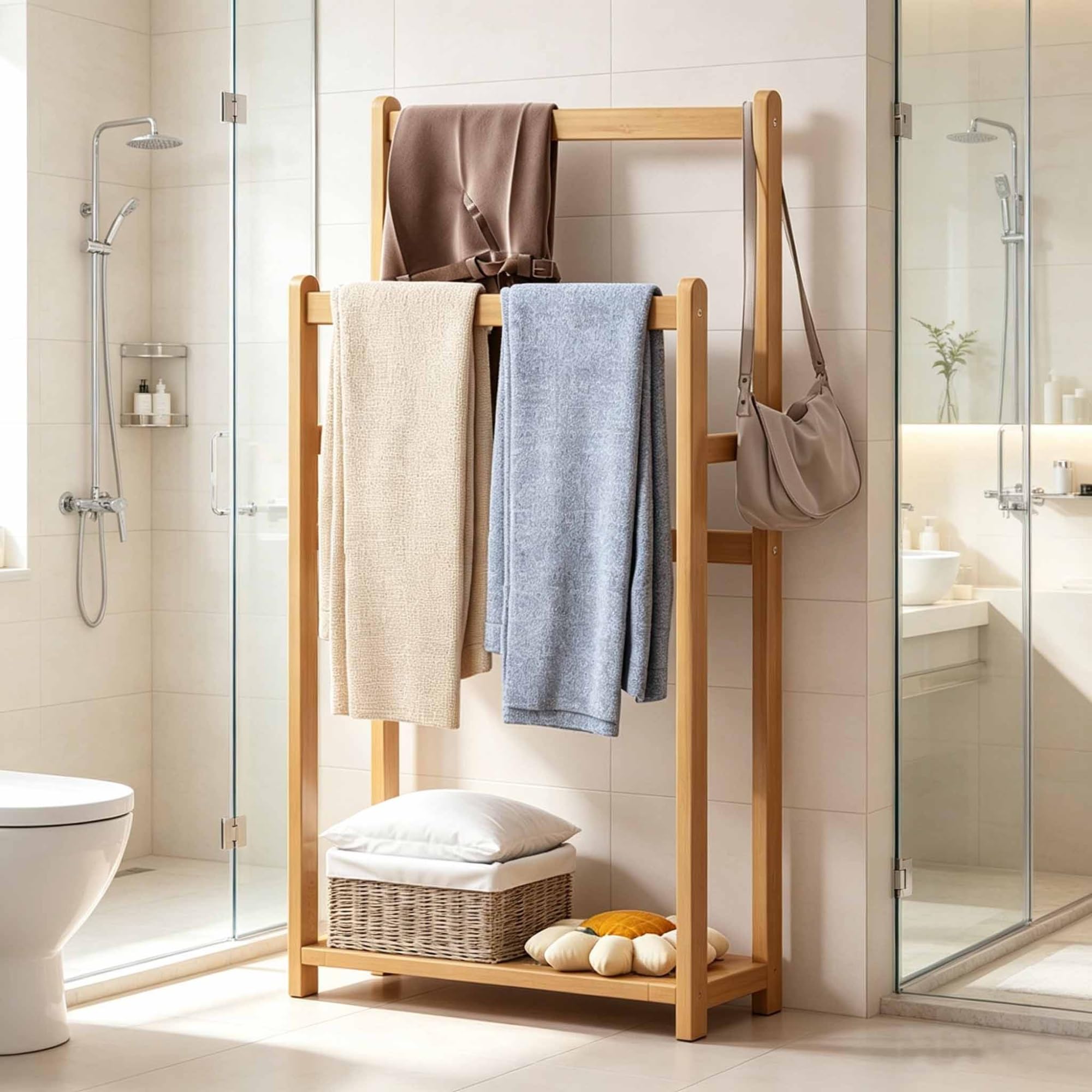Standing Towel Racks, 39.3"H Towel Drying Rack w/Rattan Countertop