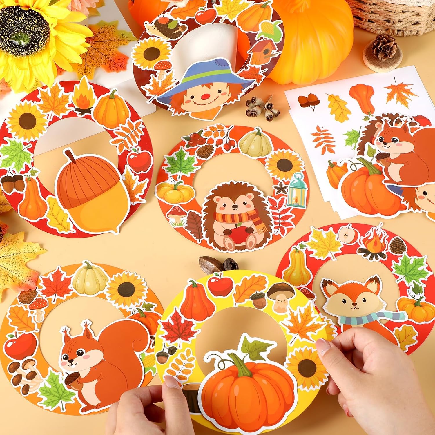 36 Sets Fall Animal Wreath Craft Kits DIY Autumn scarecrow pumpkin Paper Wreath Hanging Ornaments Make Your Own Thanksgiving Paper Art Craft with Stickers for School Home Party Decor Kids' Activities image 5