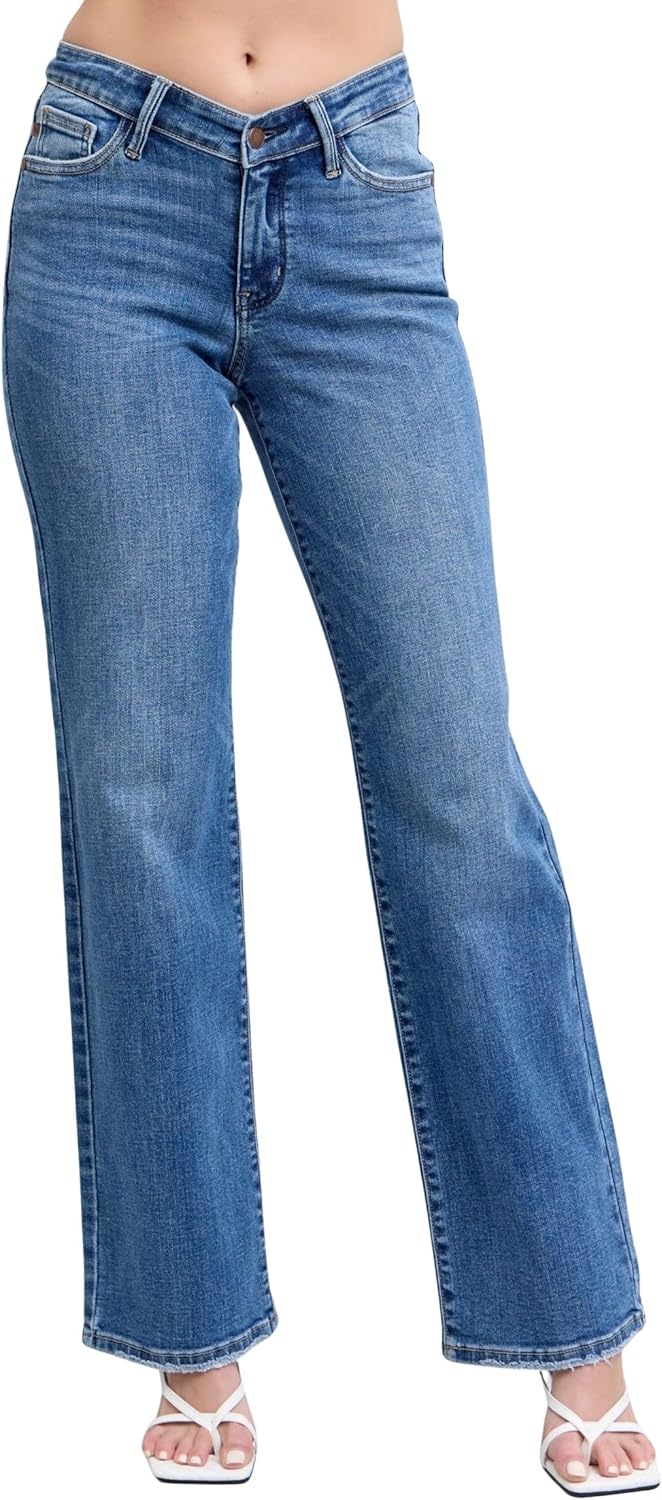 Judy Blue Women's High-Rise V-Front Waistband Vintage Wash Straight Fit Jeans