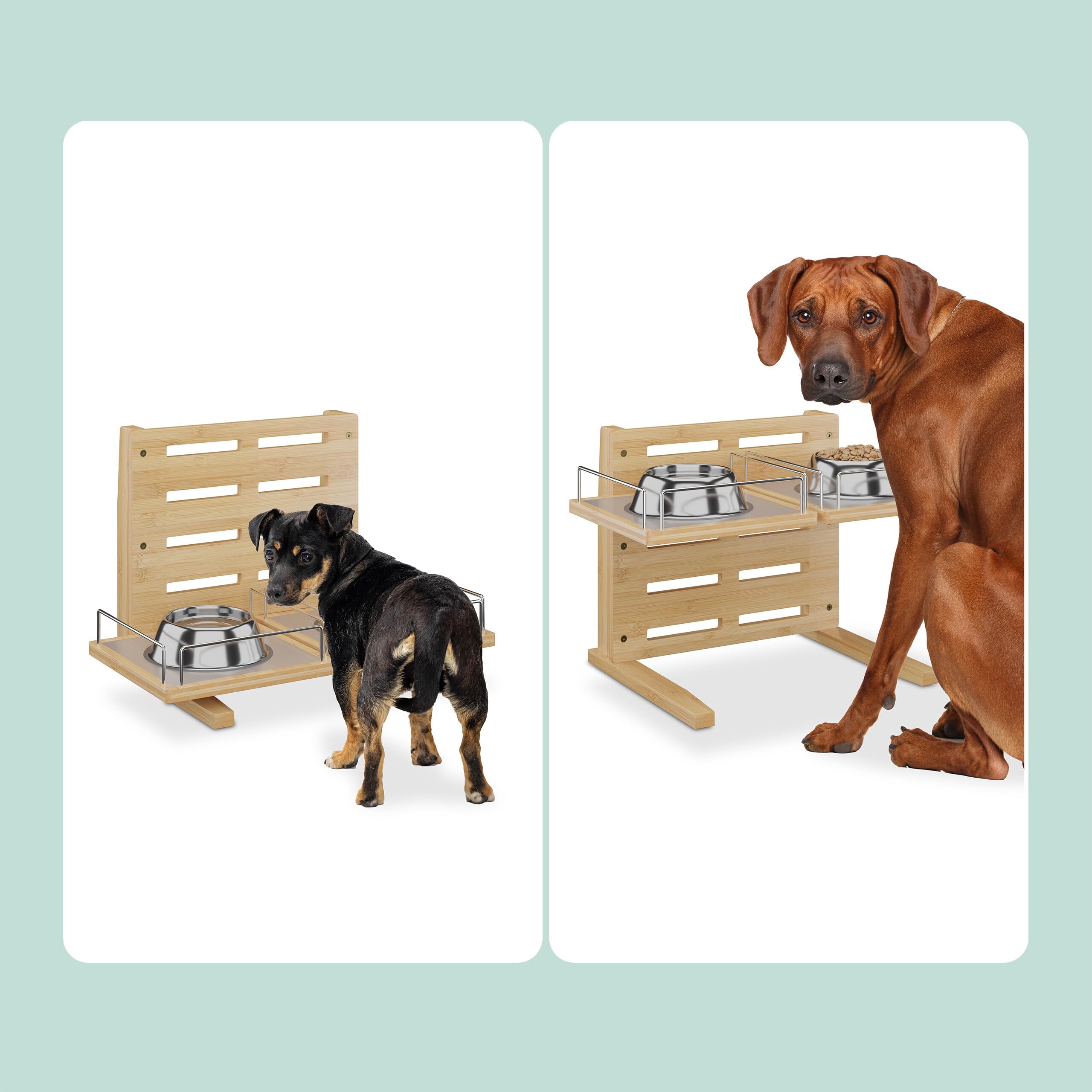 Relaxdays Futterstation Hund, höhenverstellbare Hundebar, HBT: 37x55x36 cm, Napfständer mit Silikonmatte, Bambus, Natur