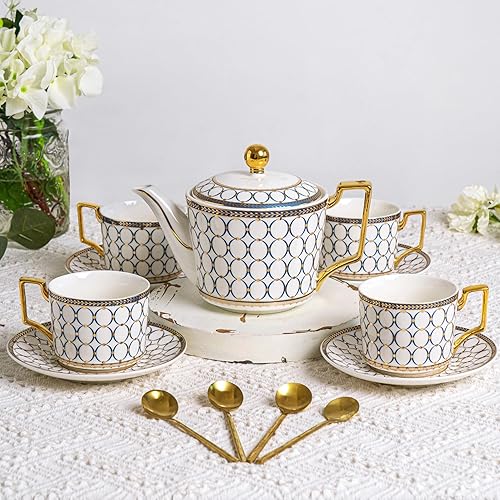 CwlwGO -Servicio de taza y platillo de té azul de porcelana de hueso de 7 onzas para 4, juego de té de porcelana de la tarde con tetera, juegos de