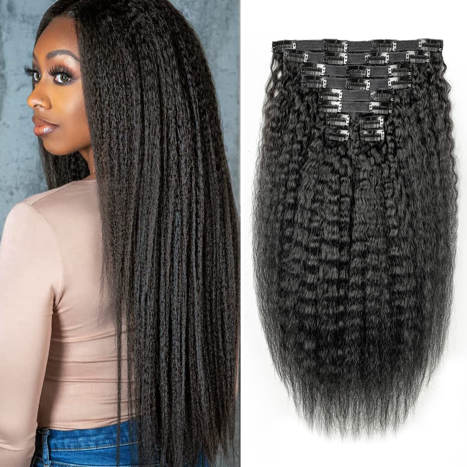 Yumlas Straight Clip in Hair Extensions 18 inches/120g Yaki Hair Extensions For Black Women 9A Full Head 10pcs Virgin Hair Extensions #1b Natural Color