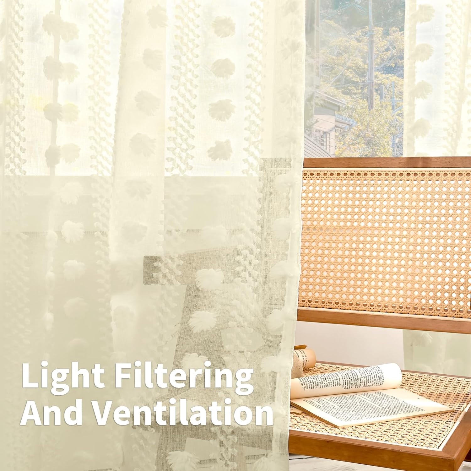 BGment Pom Pom Sheer Curtains 63 inch Length, Boho Textured Light Filtering Curtains with Rod Pocket and Back Tab for Bedroom Nursery, Set of 2 Panels, Yellow, 52 x 63 Inch