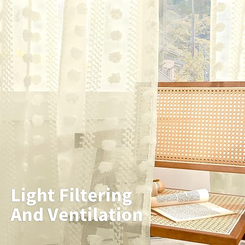 Miniatura 3 de BGment Cortinas traslúcidas con pompones de 84 pulgadas de largo, cortinas bohemias texturizadas filtrantes de luz con bolsillo para barra y pestaña