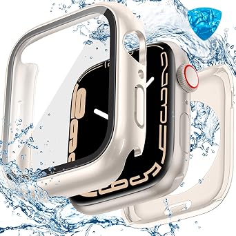 3 in 1 Goton Waterproof Hard Case for Apple Watch Screen Protector 40mm, 360 Slim Full Protective Tempered Glass Face Cover + Back Hard PC Bumper for iWatch SE 3/SE 2/SE, Series 6/5/4,40mm Starlight