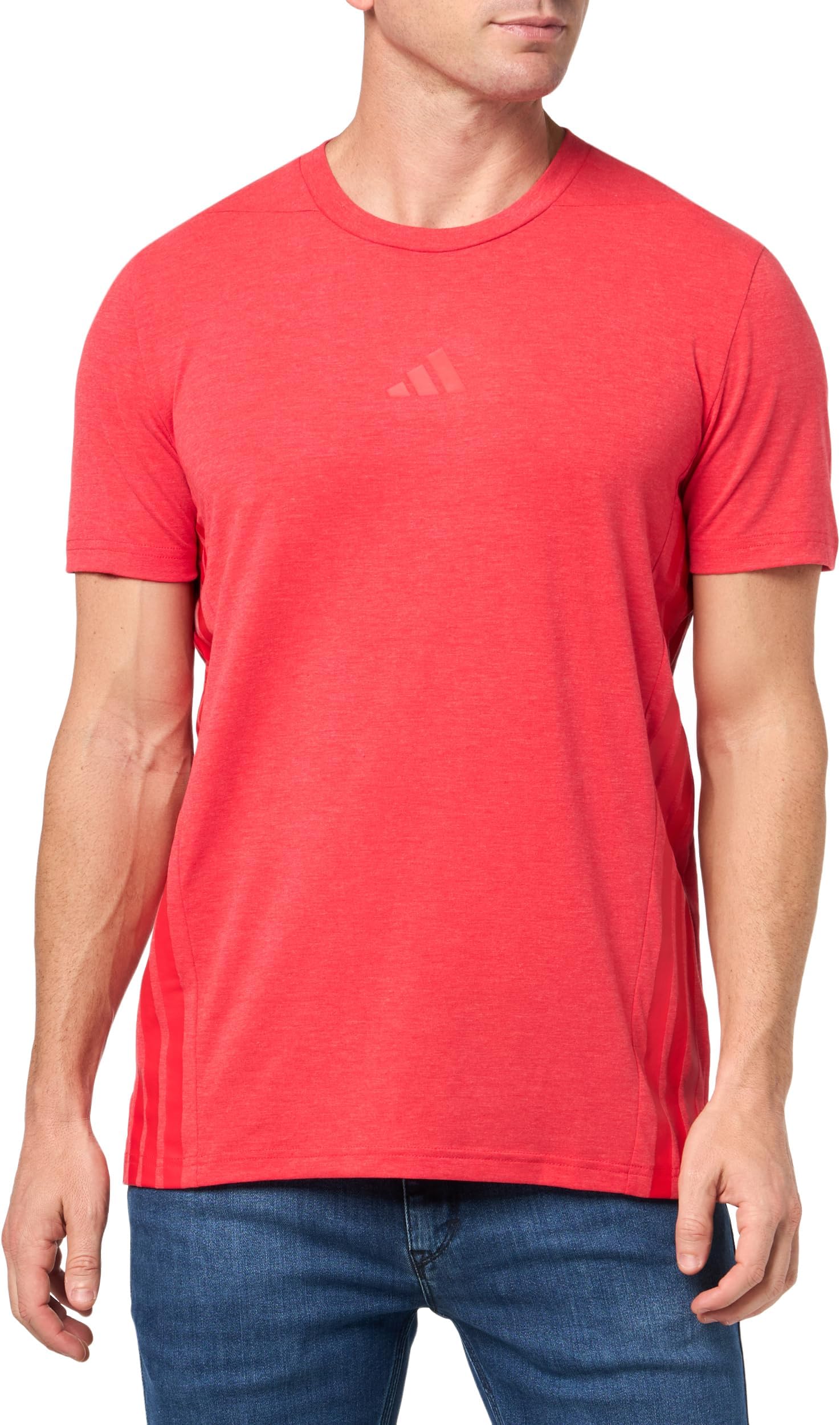 adidas red 3 stripe t shirt