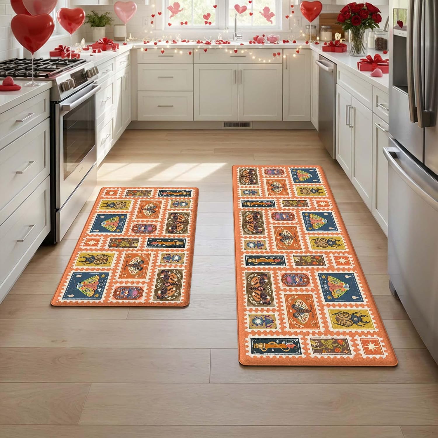 Rexful Vintage Postage Stamp Kitchen Rug Runner and Mat Set 2 PCS, Easy Clean Non-Slip Washable Floor Mats, Retro Antique Insect Moth Beetle Stamp Pattern Kitchen Decor (Orange 1)