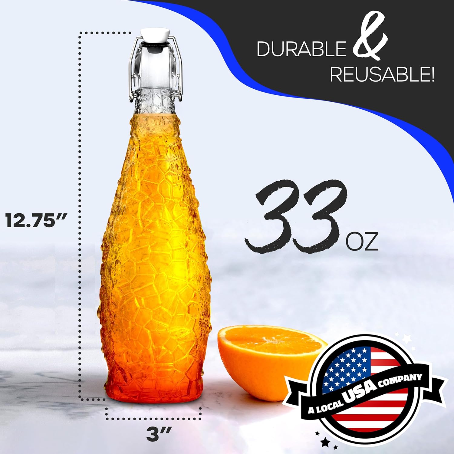 Nevlers 33 Oz Textured Swing Top Glass Bottles with Stoppers 6 Pack | Teardrop Flip Top Glass Bottle with Stopper, Funnel, Shrink Wrap, Brush, Marker & Tags | Water, Juice, Liquor & Kombucha Bottles