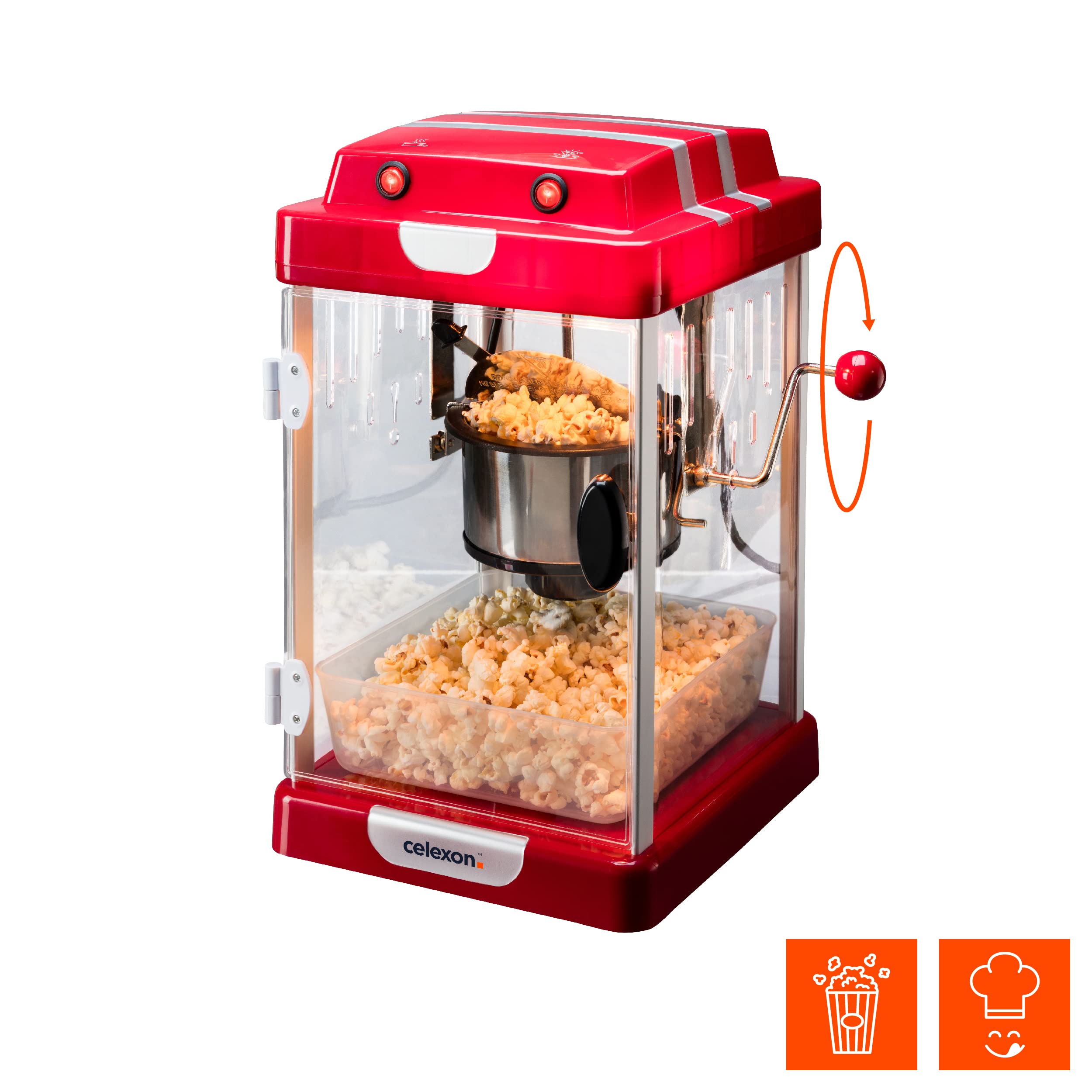 celexon CinePop CP1000 Machine à Popcorn Rétro style cinéma | cuve en acier inoxydable & bras mélangeur | avec huile, beurre, sucre, sel, sirop, etc.
