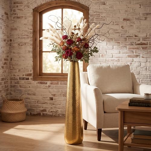 36" H Gold Floor Vase Large Tall Ceramic Vases Home Decor Gift | Luxury hammered cone shaped glam opulent decorative piece for pampas grass entryway hotel showroom floral arrangements