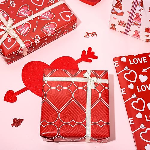 Miniatura 4 de JarThenaAMCS 12 hojas de papel de regalo para el día de San Valentín, papel de regalo de gnomo de corazón, papel de regalo plegado plano rojo para