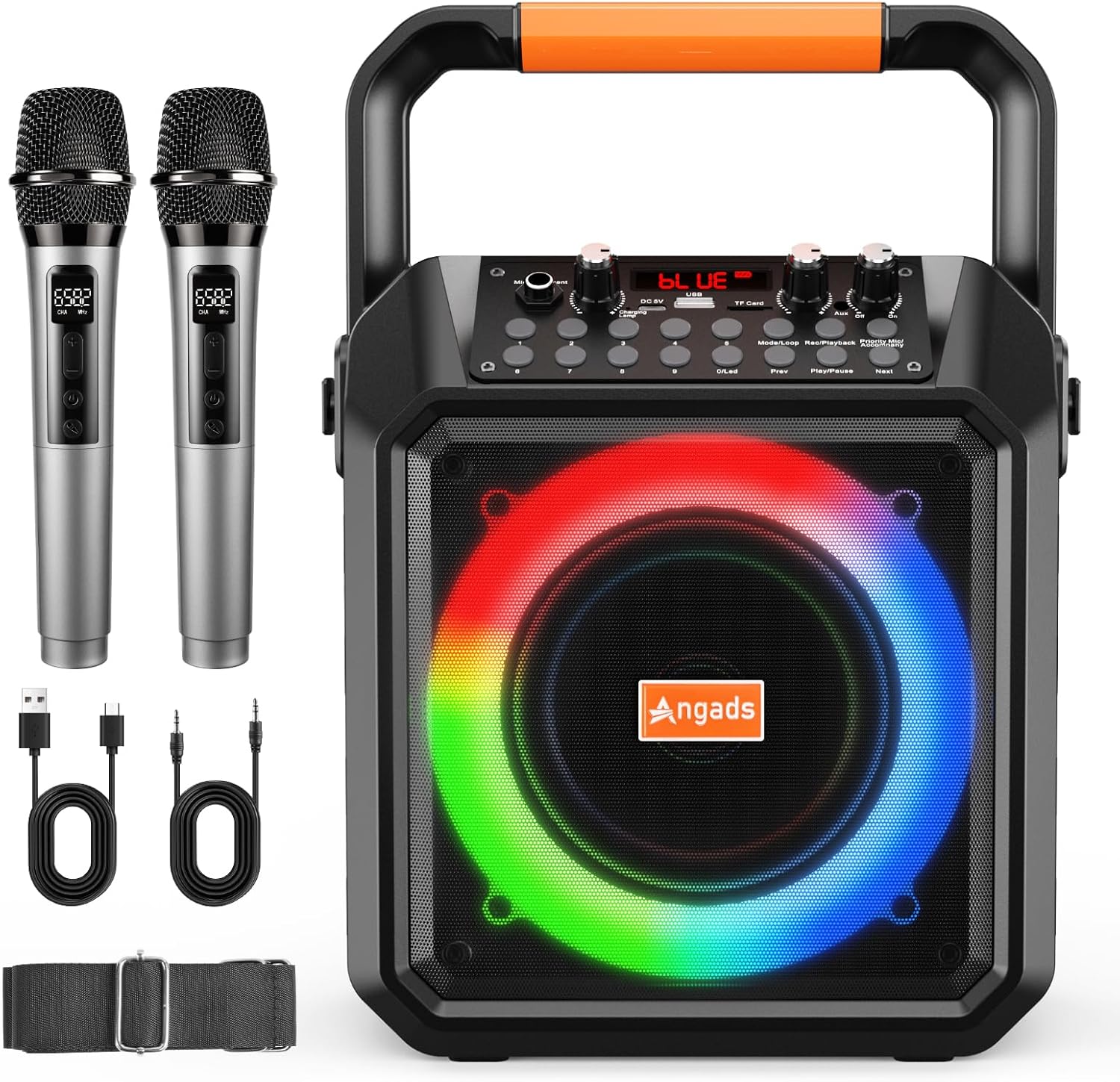 Angads Portable Karaoke Machine with Bluetooth Speaker & 2 Wireless Microphones- PA System, Led Lights,USB/TF/AUX/Support for Home Parties (Adults & Kids)