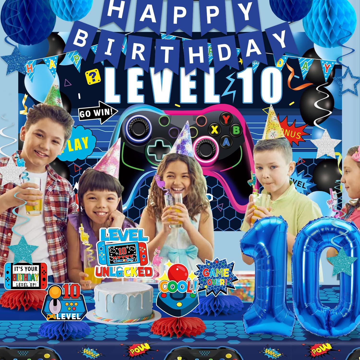 Video Game 10th Birthday Decorations for Boys, Blue Level 10 Party Decor Kits for Boy, 10 Years Old Game Supplies - Backdrop Honeycomb balls Hanging Swirls Centerpieces Balloons Tablecloth Cake topper - Image 6