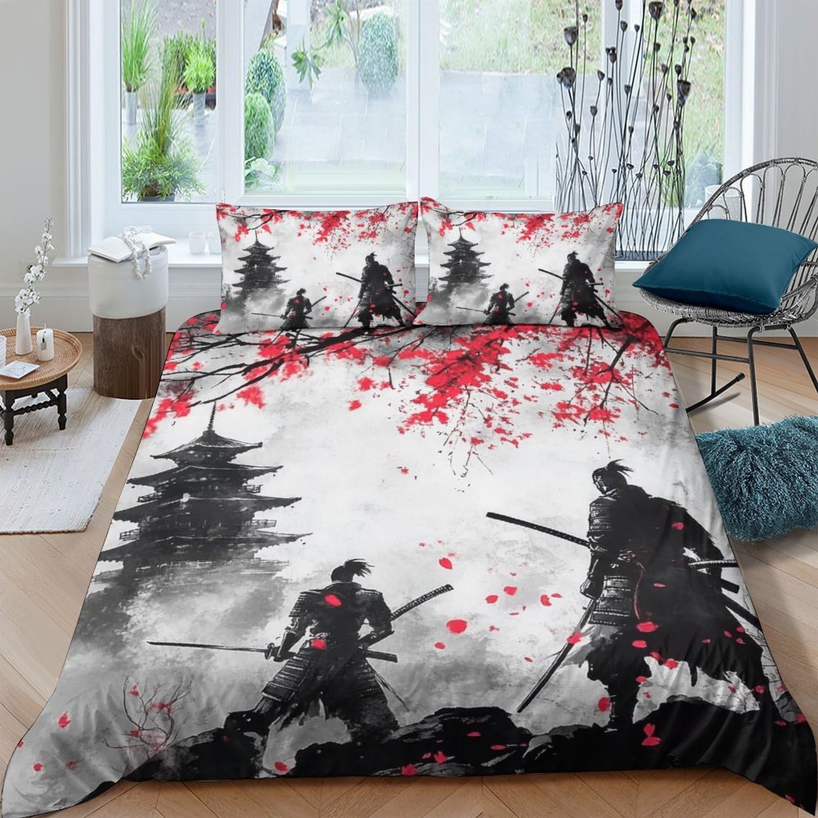 Ctjqhvkz Style-6 3D Printed Samurai Pagoda Fitted Sheet Microfiber Soft Artistic Japanese Ink Bed Cover For Bedroom Dorm Decor Single（135X200cm）