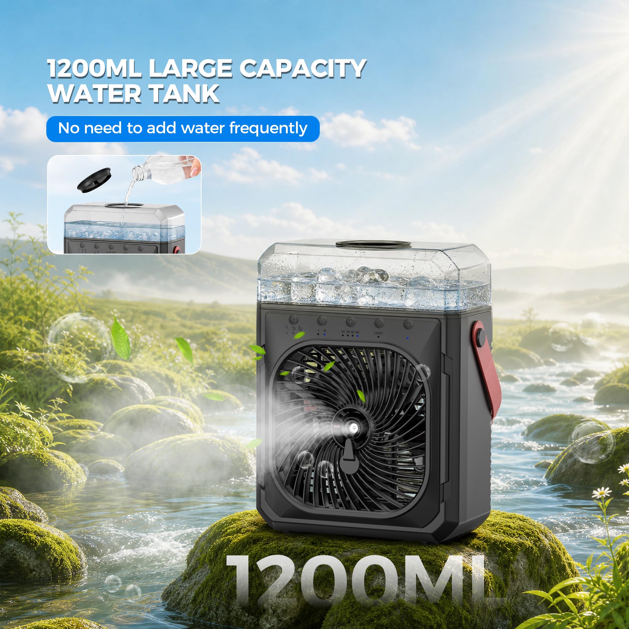 Ventilador de nebulización recargable portátil, máximo 40 horas de funcionamiento, ventilador de aire acondicionado de refrigeración de escritorio de caída de -15.0 °C, ventilador de niebla de agua y